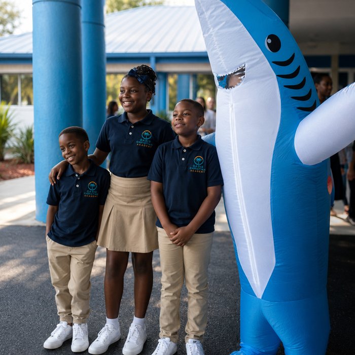 Students with school mascot at Oasis Christian Academy